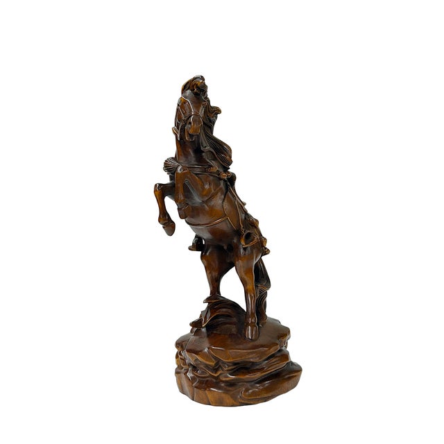 Asian 7" Small Brown UpRearing Spirited Details Motifs Wood Horse Figure For Sale - Image 3 of 9