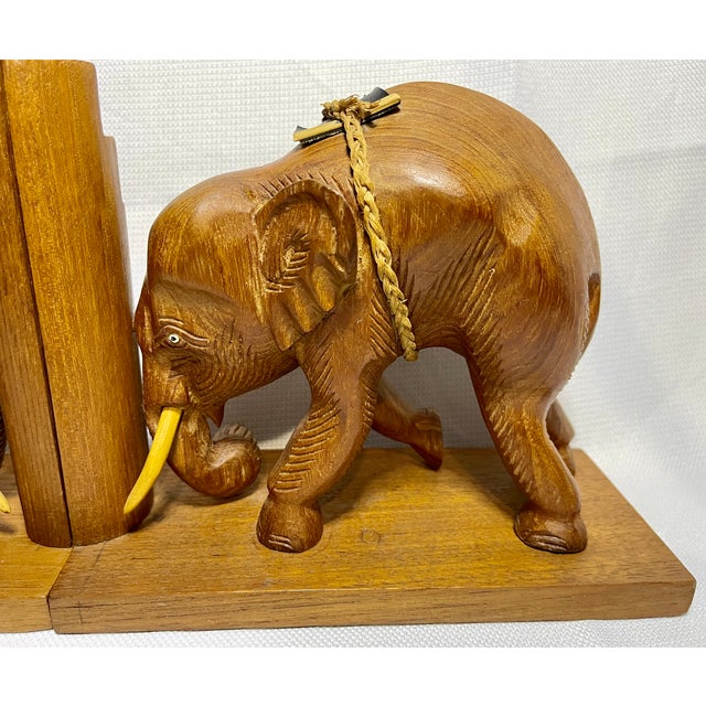 Vintage Hand Carved Wooden Asian Elephant Bookends with Tusks, Rope