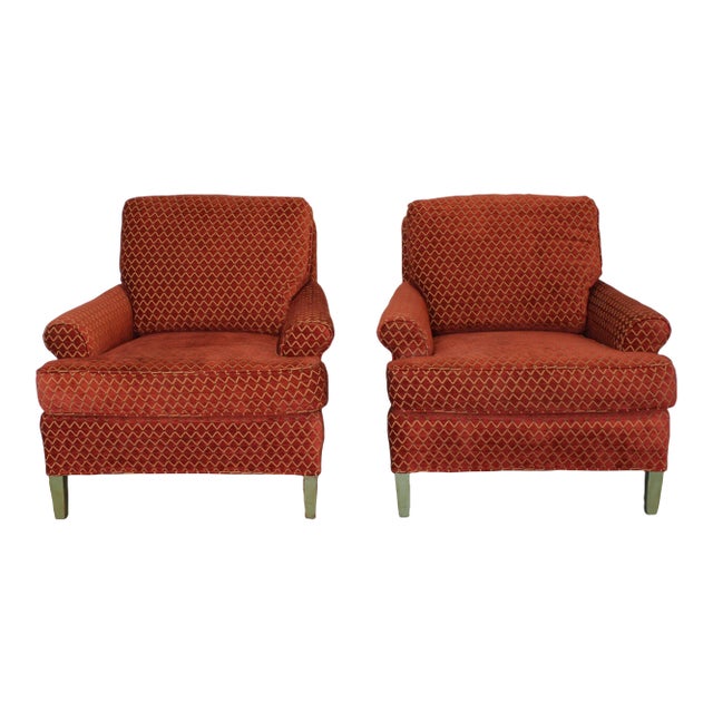 Vintage Pair of Red Chenille Club Chairs For Sale