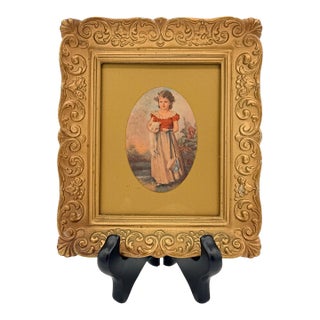 Vintage Ornate Gold Gilt Frame With Victorian Girl and White Cat Portrait For Sale