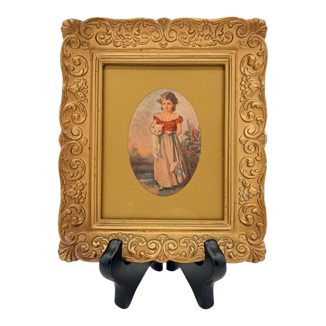 Vintage Ornate Gold Gilt Frame With Victorian Girl and White Cat Portrait For Sale