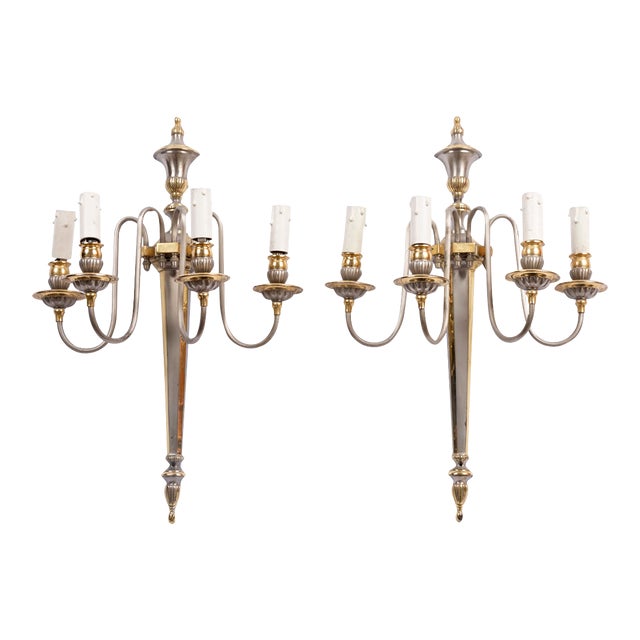 Directoire Style Gilt & Silver Brass Wall Sconces, 1970s, Set of 2 For Sale