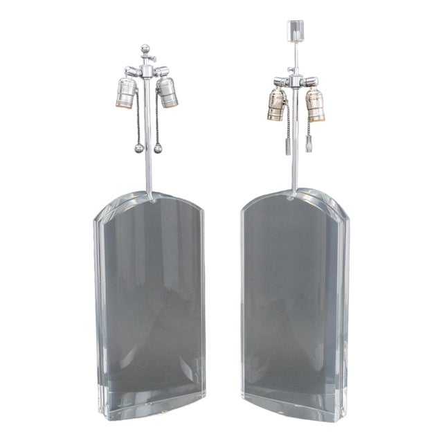 Modern Clear Acrylic and Chrome Table Lamps, Pair For Sale