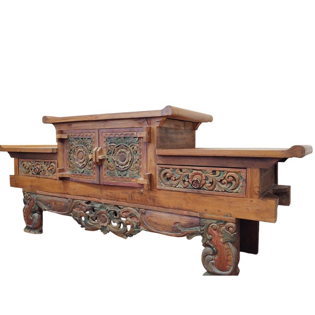 Contemporary Large Mid-Century Balinese Hand-Carved Teak Sideboard - Hi-Lo Altar Cabinet For Sale - Image 3 of 18