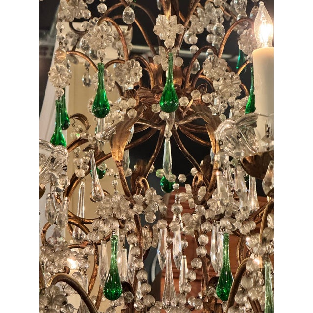 Metal 19th Century Italian Tole and Green Crystal Drop Chandelier For Sale - Image 7 of 9