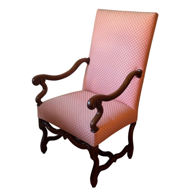 Fine early 19thc French Walnut Open Armchair. Tall back with curved arms and stretcher. Beautiful faded color of walnut.