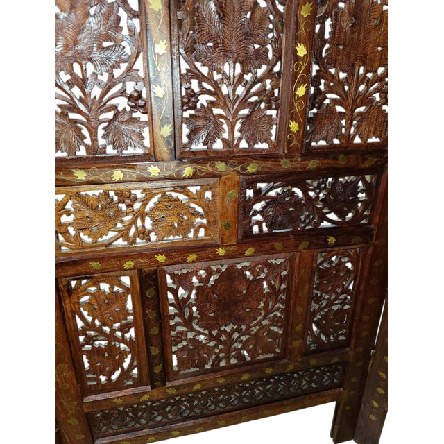 Wood Vintage Four-Panel With Brass Inlay Teak Wood Screen Room Divider For Sale - Image 7 of 8