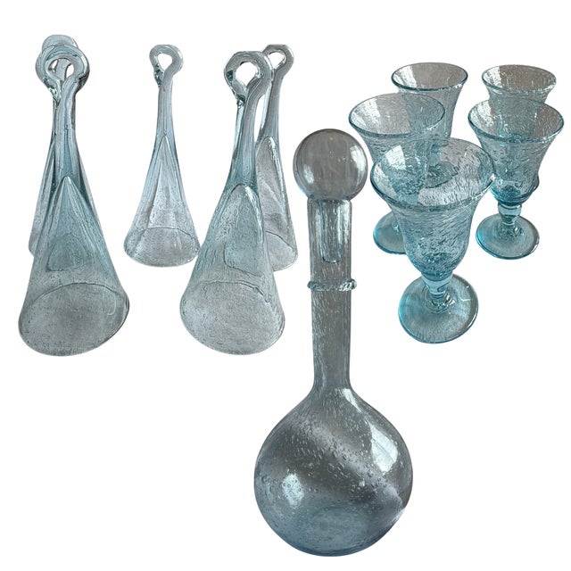 Vintage Blown Glass Decanter and Glassware in Blue Bubble Glass by Biot, 1970s, Set of 11 For Sale - Image 11 of 11