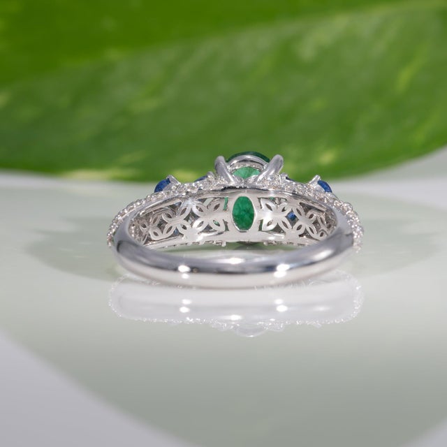 Green Zambian Emerald Ring With Natural Diamonds & Blue Sapphires: Solid 14k Gold, Size 6.75 For Sale - Image 8 of 9