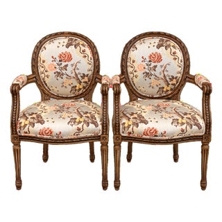 Vintage Louis XVI Style Carved Wood Fauteuil Armchairs in Floral Chinoiserie Upholstery - A Pair For Sale