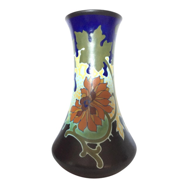 Mid-20th Century Gouda Blue and Black Floral Ceramic Vase For Sale