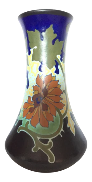 Mid-20th Century Gouda Blue and Black Floral Ceramic Vase