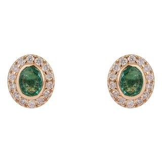 14k Gold Everyday Oval Natural Emerald Diamond Halo Stud Earrings- A Pair For Sale