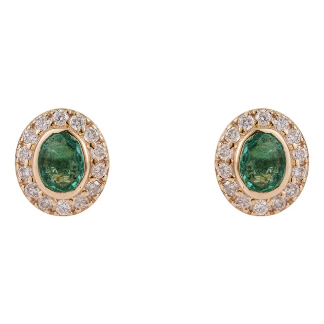 14k Gold Everyday Oval Natural Emerald Diamond Halo Stud Earrings- A Pair For Sale