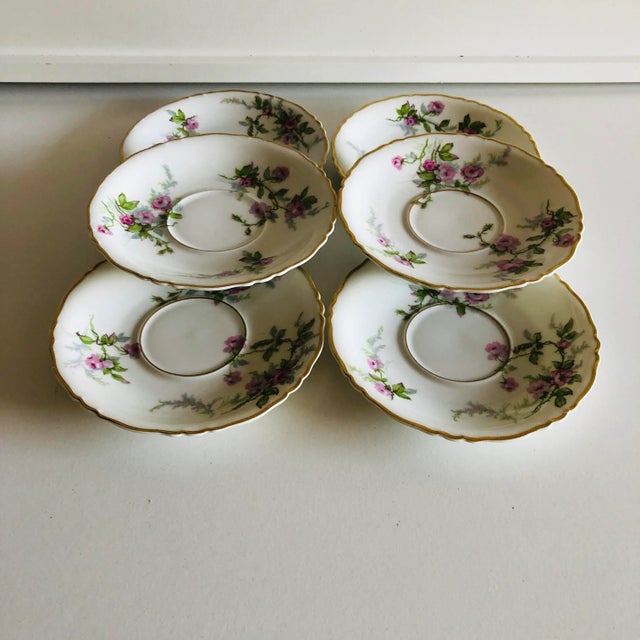 Vintage fine porcelain rose pattern set of 6 saucers 5.5"D < makers mark reads " Haviland France " Sylvia" Pattern , They...