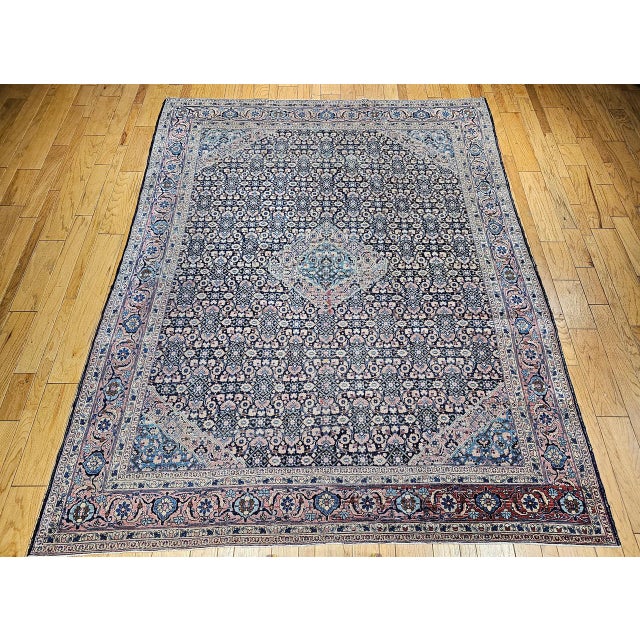 Antique Persian Tabriz Mahi Rug, Hand-Knotted Wool, Herati Geometric Pattern, Navy & Pale Red, 9x12 For Sale In Chicago - Image 6 of 15