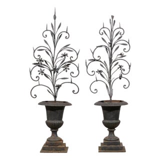 19th Century Whimsical Italian Black Metal Urn Prickets - A Pair For Sale