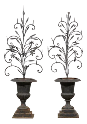 19th Century Whimsical Italian Black Metal Urn Prickets - A Pair