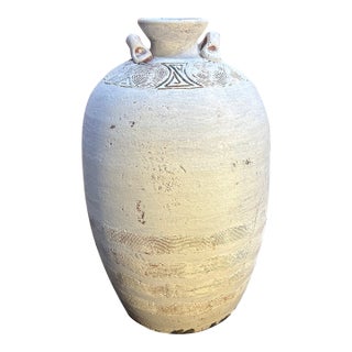 Vintage 13" Incised White Terracotta Amphora Urn - Heavy Studio Pottery For Sale