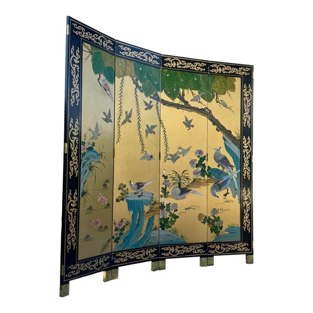 Vintage Chinese Four-Panel Chinoiserie Folding Screen With Raised Shell Birds & Gold Leaf For Sale