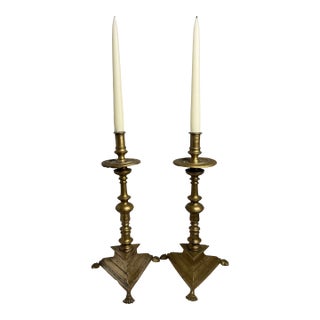 Pair of 19th Century Spanish Baroque Style Brass Candlesticks - 14.5" H For Sale