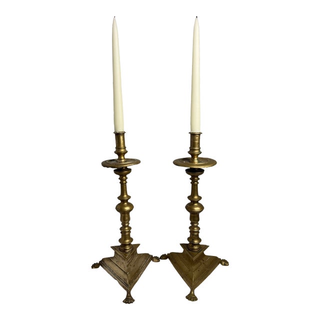 Pair of 19th Century Spanish Baroque Style Brass Candlesticks - 14.5" H For Sale