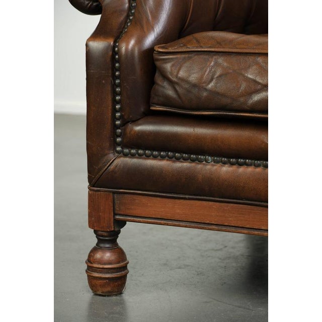 Vintage English Cowhide Chesterfield Wing Armchair For Sale - Image 12 of 13