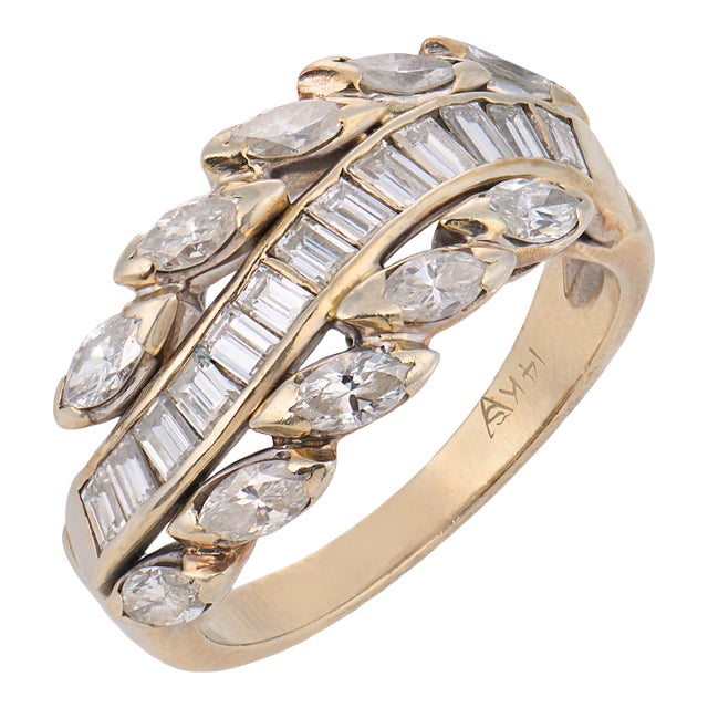 Vintage Baguette Marquise Cut Diamond 14k White Gold Band Ring, Size 6 For Sale