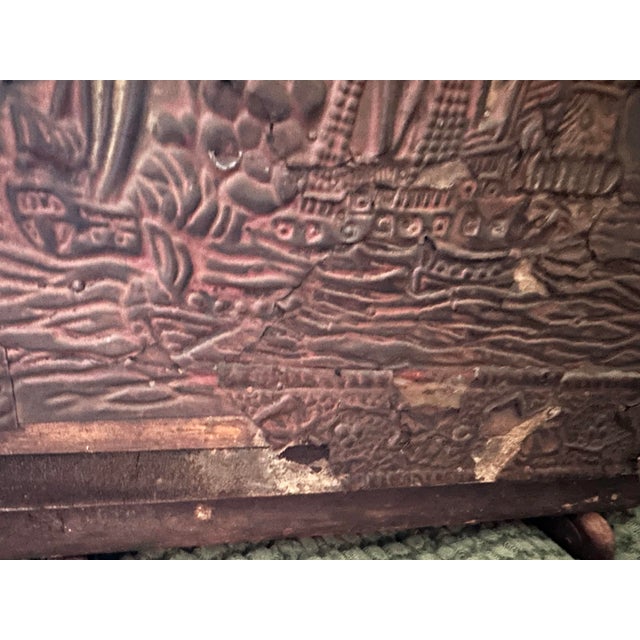 Antique Early 20th Century Nautical Themed Wooden Coal/Firewood Box With Brass Embossed Exterior Panels For Sale - Image 9 of 12
