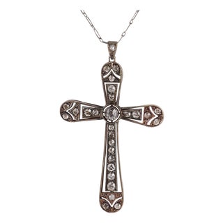 1910s Edwardian Old European Cut Diamond 14k Yellow Gold and Silver Cross Necklace For Sale