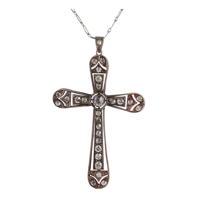 1910s Edwardian Old European Cut Diamond 14k Yellow Gold and Silver Cross Necklace For Sale
