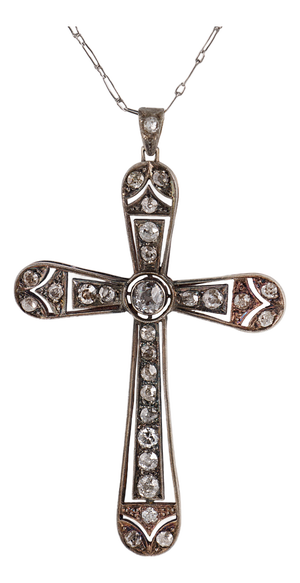 1910s Edwardian Old European Cut Diamond 14k Yellow Gold and Silver Cross Necklace
