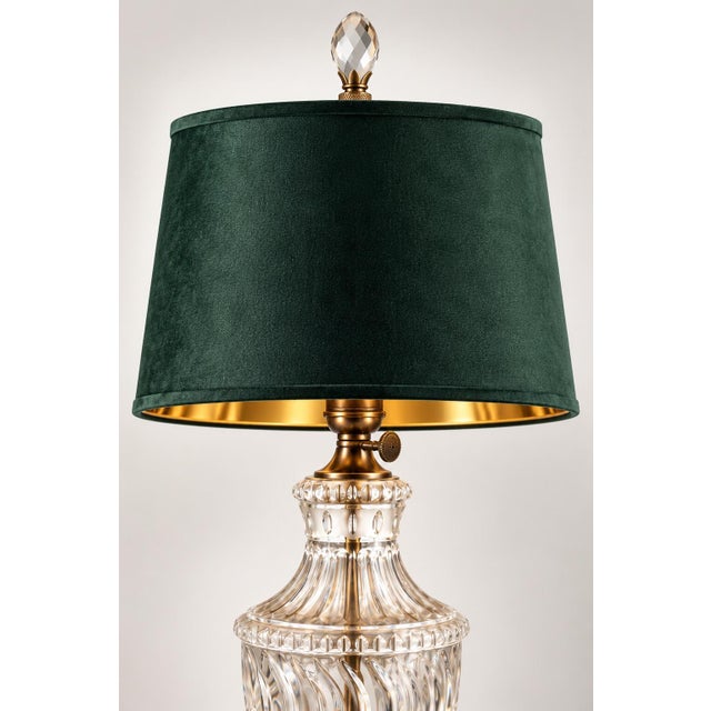 Mid 20th Century Coordinated Trio of Yugoslavian Crystal Lamps With Emerald Velvet Shades - Set of 3 For Sale - Image 4 of 11