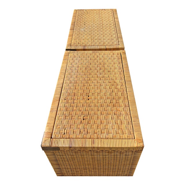 1980s Vintage Wicker Rattan Pair of Chest of Drawers Dressers With Brass Campaign Style Hardware For Sale - Image 5 of 13