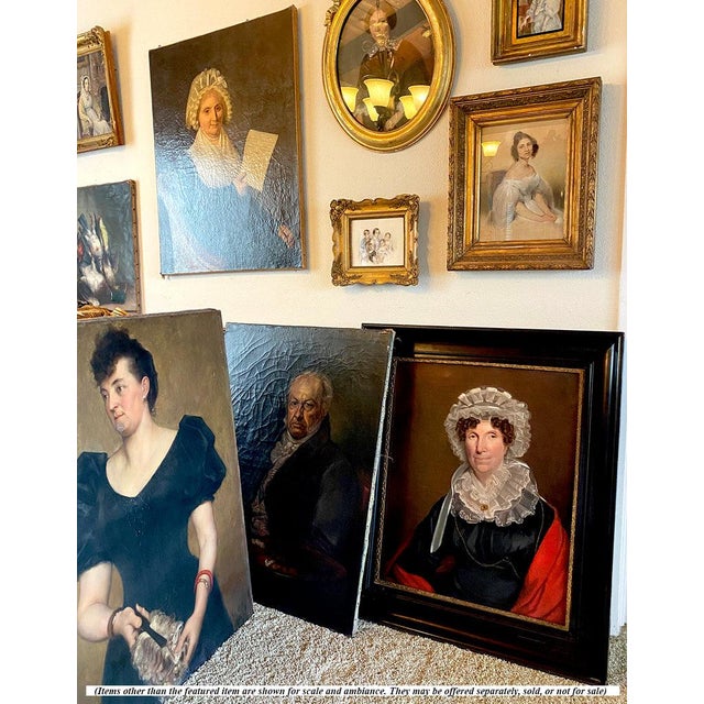 Huge Antique French Oil Painting Portrait, c.1800 Woman in Lace Bonnet, Red Shawl, Heavy 38" X 34" Wood Frame For Sale - Image 12 of 12
