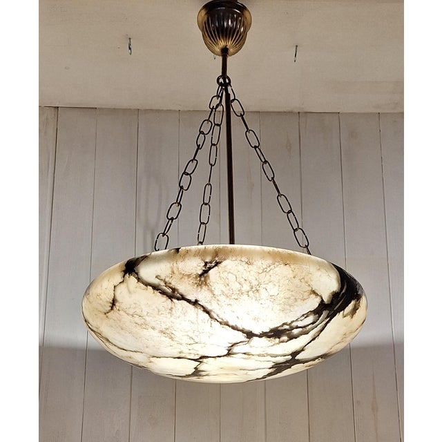 1930s Art Deco Hanging Lamp with Heavily Grained Alabaster Bowl, 1930s For Sale - Image 5 of 7