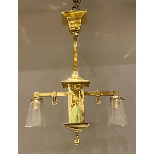 Early 20th Century Rectangular Brass Mission Arts and Crafts Chandelier Light Pendant with Etched Shades 28” tall 19” across
