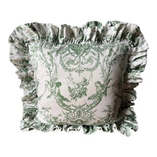 Vintage Green & White Toile Cotton Pillows-Feather Insert-Set 2 For Sale