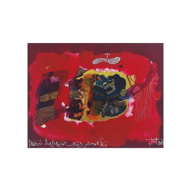 This striking artwork captivates with its bold use of color and texture, centered within a vivid red backdrop that...