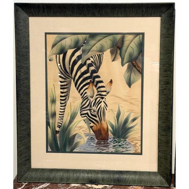 Art Deco Pair of Art Deco Zebra Watercolor Gouaches by Shirrell Graves in Verde Frames For Sale - Image 3 of 16