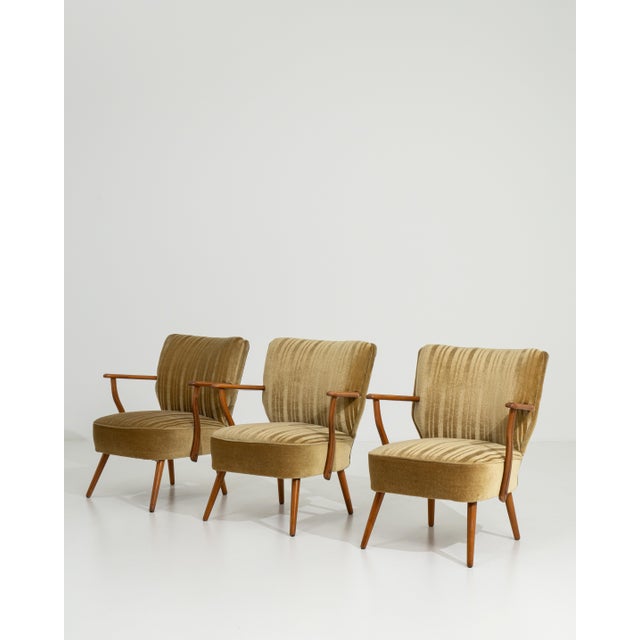 Wood Set Of Three Mid Century Modern Upholstered Armchairs For Sale - Image 7 of 12