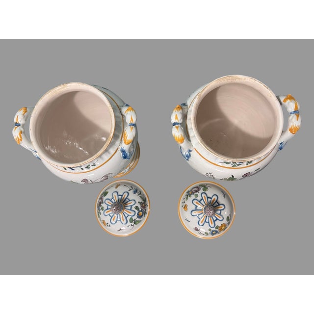 White Pair of Antique French Faience Floral Hand Painted Double Handled 15" Vases Urns W Lids For Sale - Image 8 of 12