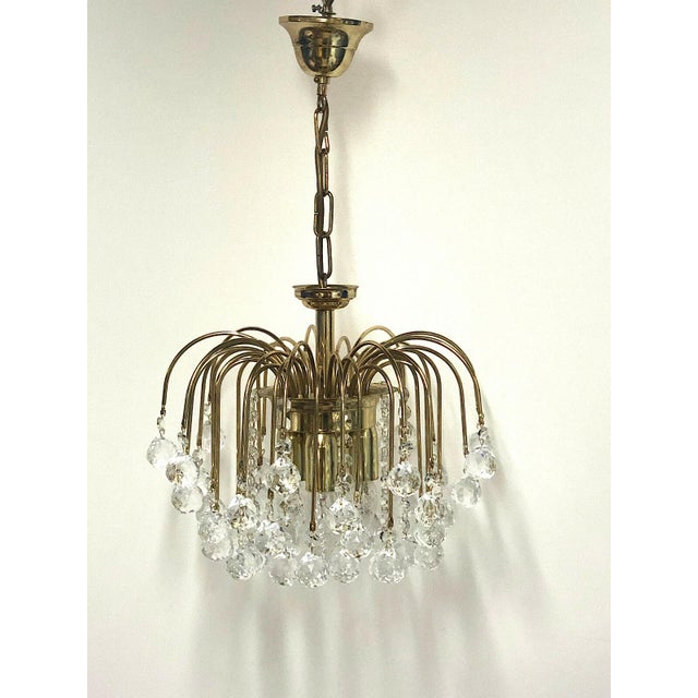Gold-Plated Metal Lead Crystal Ball Three-Light Chandelier, 1970s For Sale - Image 4 of 11