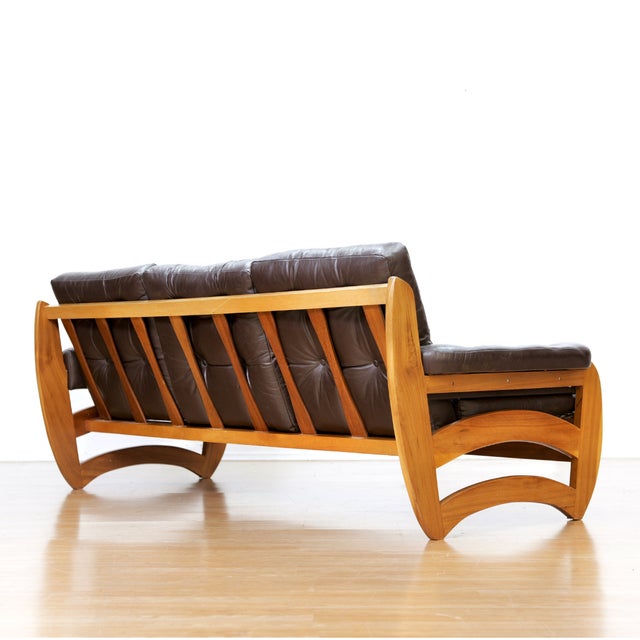1970s Brown Leather Sofa Teak Sculptural Form For Sale - Image 9 of 15
