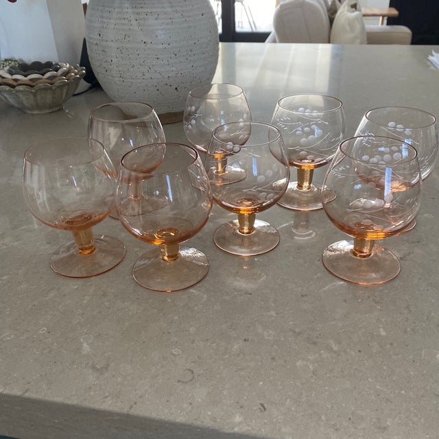 Vintage Rose-Colored Etched Stemware- Set of 8 For Sale - Image 9 of 10