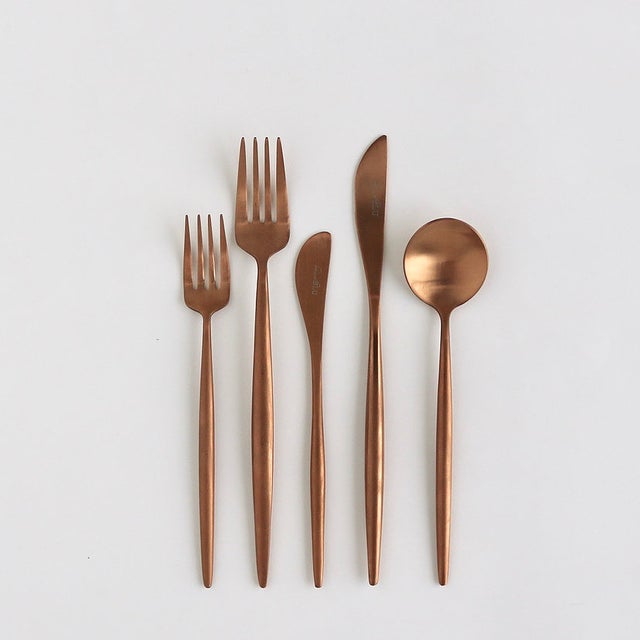 Modern Luna Brushed Rose Gold Flatware Set - Set of 5 For Sale - Image 3 of 3