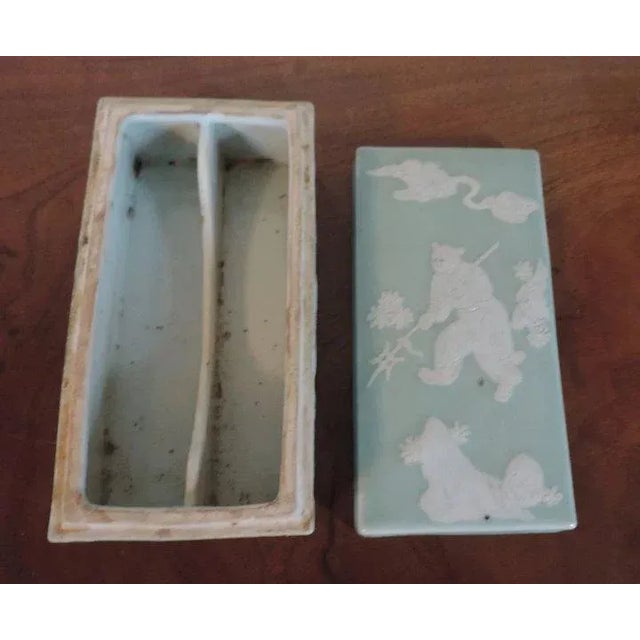 Ceramic 19th Century Chinese Celadon Porcelain Characters & Butterflies Writing Box For Sale - Image 7 of 11