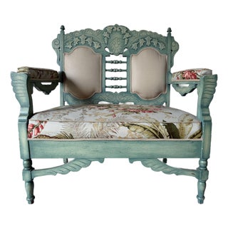 1970’s Palm Beach Victorian–Style Carved Wood Turquoise Painted Loveseat by Sherrill Furniture For Sale