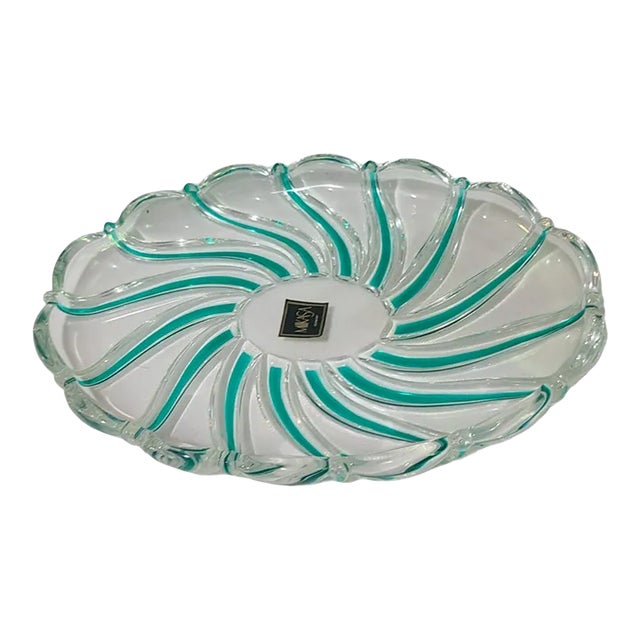 Late 20th Century Mikasa Green Striped Glass Oval Tray Dish Germany For Sale