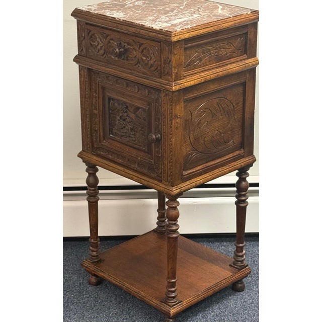 French Antique French Breton Carved Oak Marble Too Nightstand For Sale - Image 3 of 12
